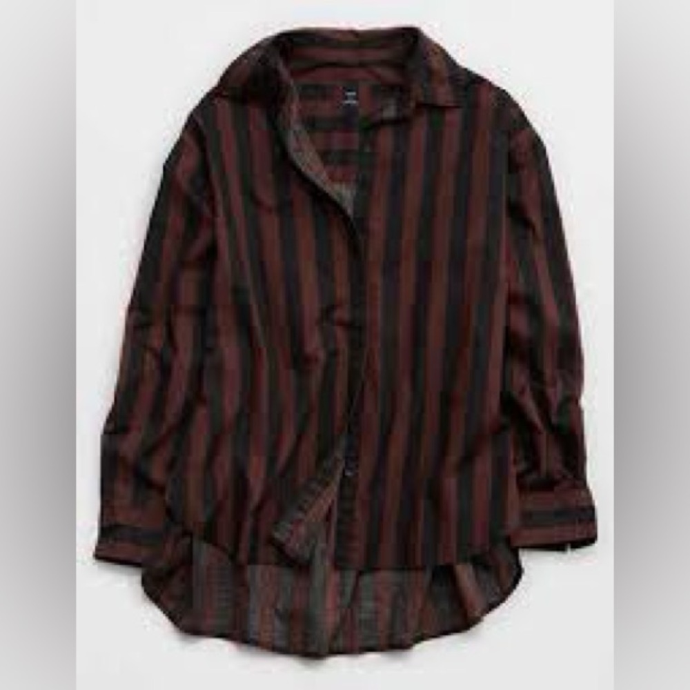 American Eagle Outfitters Brown and Black Striped Button Down Shirt
